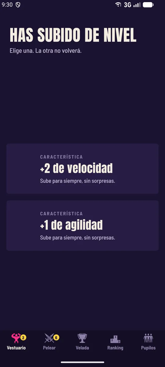 La pantalla de elegir mejora