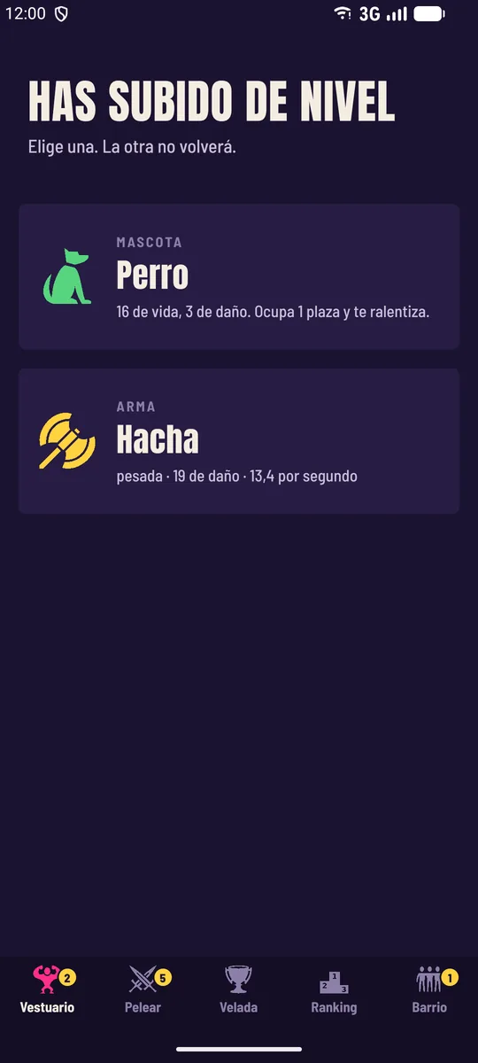 La pantalla de elegir mejora
